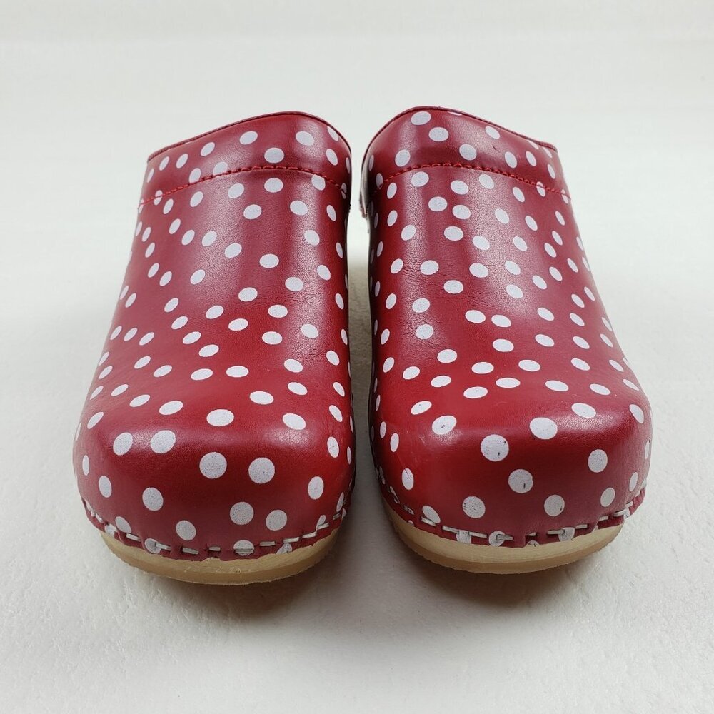 Sanita Fenja Polka Dot Clog Womens US 7 EU 38 Red Leather Slip On Wooden Shoe - Picture 5 of 16